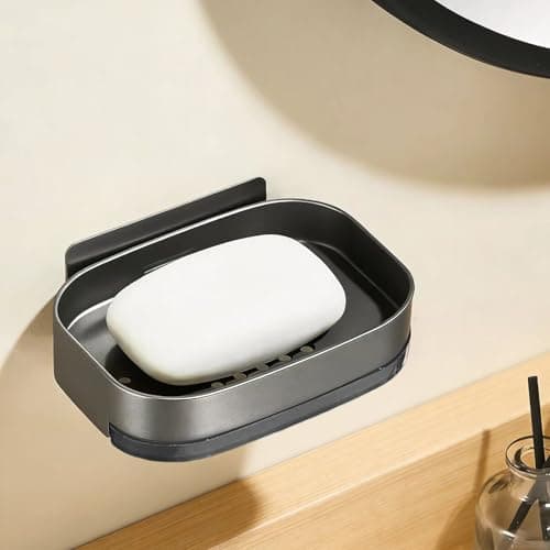 Image of YILAIMAX Soap Dish Holder,Self-Adhesive Detachable With Water Collection Box Wall Mounted Soap Dishes for Bathroom,Rust-Resistant Aluminum Alloy Material(Grey)