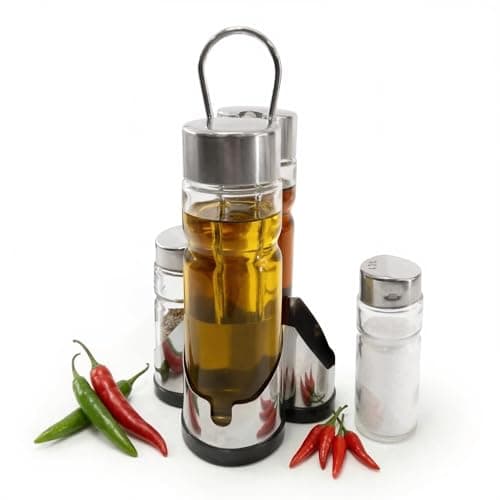 Image of GEEZY 4 Piece Condiment Set for Table 100ml & 30ml - Elegant Glass Cruet Set, Oil Vinegar Dispensers, Salt Pepper Shakers, Stainless Steel Stand - Great for Dining, Cooking, Kitchens