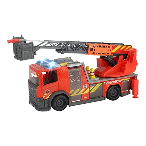Image of Dickie Toys Scania Rotary Ladder Fire Brigade, Water Spray Function, Rosenbauer, Light & Sound, Includes Batteries, with Extendable Swivel Ladder & Legs, 25 cm, Red