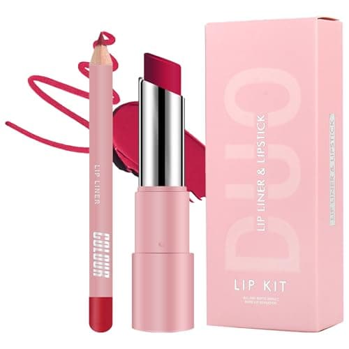 Image of Rose Red Lipstick Lip Liner Set - Matte Pink Lipliner, Long Lasting & Waterproof Lipstick, Non-Fading, Highly Pigmented, Full-Coverage Lip Line Pencil Set - Gift For Women