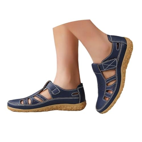 Image of Momolaa UK 6 Closed Toe Sandals for Women Wide Fit Athletic Walking Sandal Slip on Comfortable Cutout Hiking Touch Close Strap Sandals Summer Shoes Blue Ladies Footwear Gifts