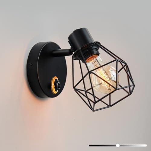 Image of Lampop Wall Lights with Switch, Dimmable Wall Lamp, Adjustable 360°/90°Cage Shade, E27 Rustic Wall Lights for Bedrooms, Living Room, Hallway (Black, 1 Pack)