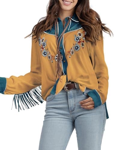 Image of John Moon Women's Western Long-Sleeve Embroidered Shirts - Casual Retro Collar, Yellow, XL