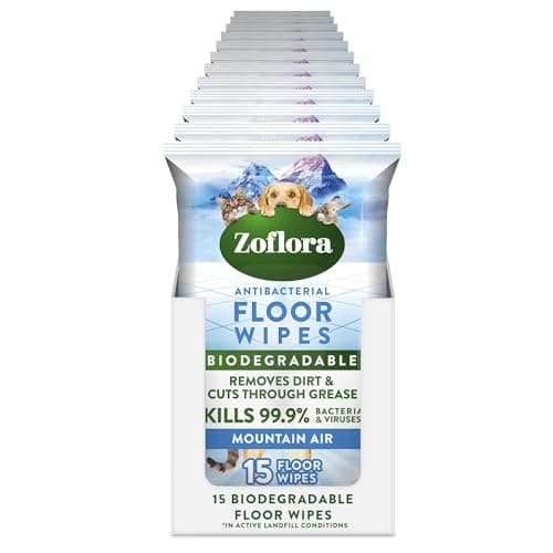 Image of Zoflora Mountain Air Floor Wipes, 12 Pack x 15 Pack, Antibacterial & Multi-Surface Floor Cleaning, Removes Dirt & Odours, Kills 99.9% of Bacteria & Viruses.