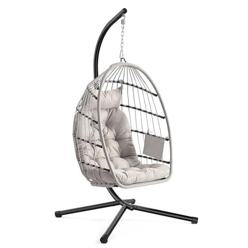Image of SONGMICS Outdoor Hanging Egg Chair, Foldable Removable Basket, Height-Adjustable Swing Chair, Side Pocket, Cushion, for Living Room, Garden, Balcony, White GDC050WZ02