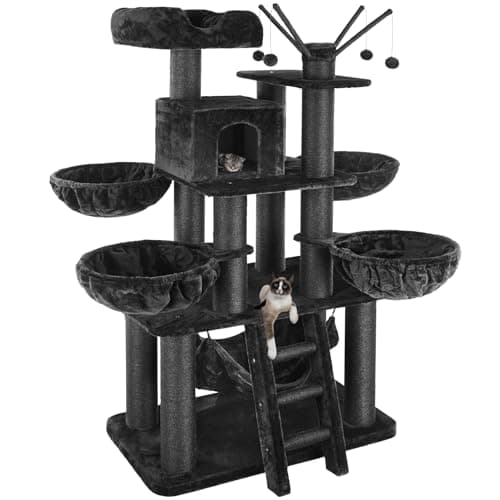 Image of tectake® Multi-Level Cat Tree with Sisal Scratching Posts, Soft Plush Cover, Cosy Cat House, Hammock, 4 Beds, Top Perch, Ladder & Toy Balls, 195 cm Cat Tower for Cats & Kittens - Black