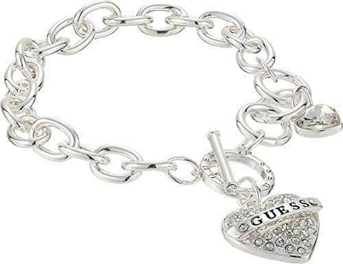 Image of GUESS Women's Silvertone Chain Toggle Dangle Heart Charm Bracelet, One Size, Glass