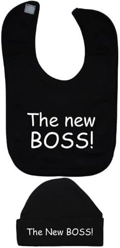 Image of The New Boss Baby Feeding Bib & Matching Beanie Hat/Cap - 6-12 Months - Black