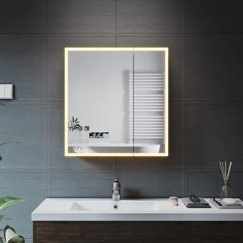 Image of ELEGANT LED Illuminated Bathroom Mirror Cabinet with Bluetooth Speaker Modern 2 Door Wall Mounted Bathroom Cabinet Stainless Steel Storage Cupboard with Shaver Socket 600 x 630mm