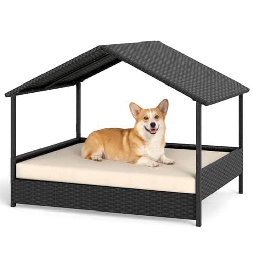 Image of GYMAX Elevated Dog Bed, Raised Rattan Dogs House with Removable Cushion and Canopy, Indoor Outdoor Pet Shelter for Small Medium Dogs Cats (Beige+Black)
