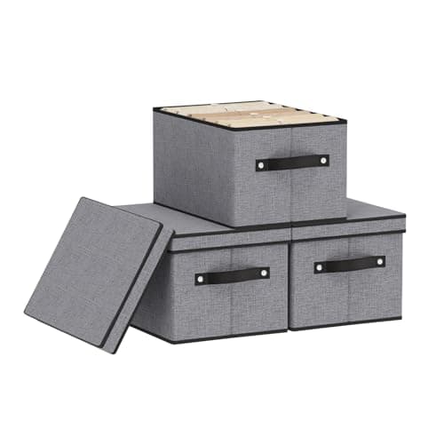 Image of YheenLf Storage Boxes with Lids, Shelf bins with Handles, Foldable Cube Organizer Basket for Organizing, Linens Clothes, Shelves Organiser, Gray, 33×23×18 cm, 3-Pack