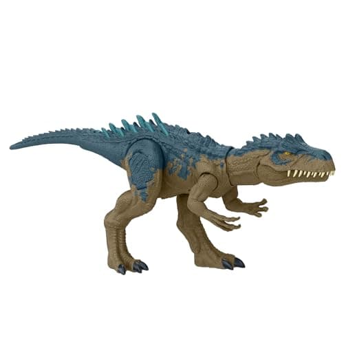 Image of Mattel Jurassic World Ruthless Rampagin Allosaurus Dinosaur Toy, Action Figure with Continuous Chomp Attack & Roar Sounds, Button Activated Evolved Battle Spikes, HRX50