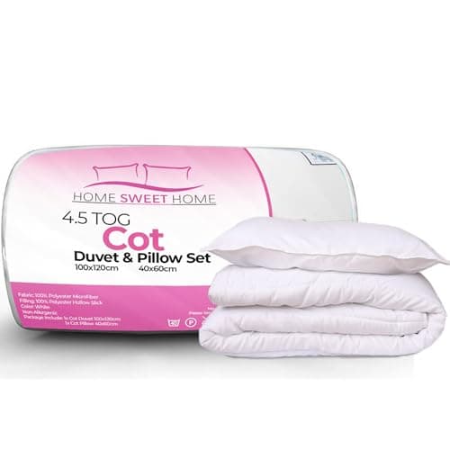 Image of Home Sweet Home UK 4.5 Tog Cot Duvet and Pillow Set 100x120cm – Anti-Allergy Microfibre Toddler Bedding Set, Soft Breathable Lightweight Baby Quilt – Machine Washable Cot Quilt