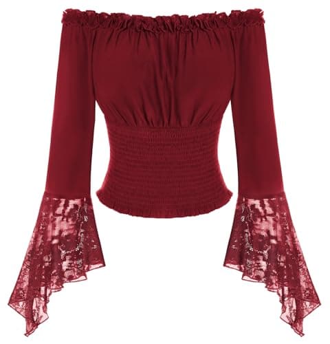 Image of SCARLET DARKNESS Women Medieval Shirt Long Sleeve with Lace Off Shoulder Tops for Women Elastic Waist Blouse Red L