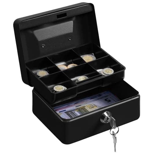 Image of H&S Money Box with Key - 6 inch Money Tin with Lock - Small Lockable Cash Box with Coin Tray for Petty Cash Coins Notes - Locking Metal Safe Box with 2 Keys - Black Matt