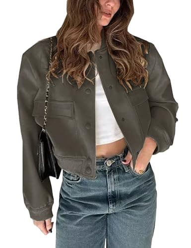 Image of Megfie Womens Cropped Bomber Jacket Button Down Varsity Jackets Shackets With Pockets, Darkgrey, S