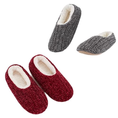 Image of Cozylook 2 Pairs Women Socks Soft Sole Slipper Socks with Grippers Thick Warm Cosy Sherpa Lining House Socks Set Cable Knit Non-Slip Fluffy Winter House Bedroom, Chenille Knit 2 Pack Red and Grey, 6/7