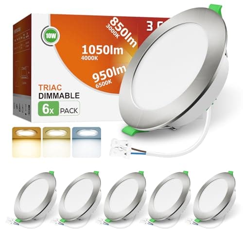 Image of ALUSSO LED Downlights Ceiling Dimmable 10W 1050LM IP44 Recessed Ceiling Lights, 3CCT 3000K Warm 4000K Neutral 6500K Cool Adjustable Bathroom Spotlights, Brushed Nickel, 6 Pack