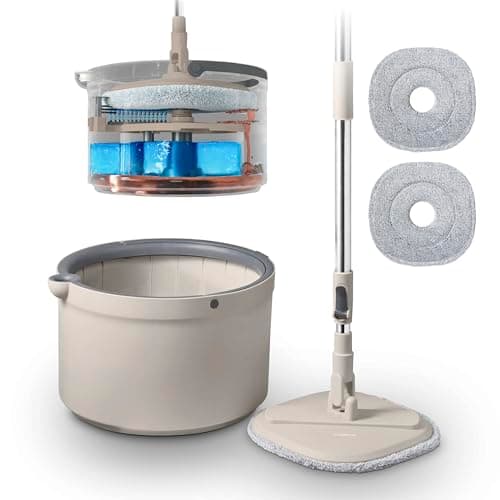 Image of Tower Duo Compact Spin Mop & Bucket, Clean & Dirty Water Separation, Effortless 360° Wringing, 2 Reusable Microfibre Mop Pads, Latte & Grey