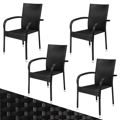 Image of CASARIA® 4 Piece Polyrattan Stacking Garden Chair Set | Stackable Weatherproof Outdoor Chairs with Armrest | 160kg Capacity | Camping Patio Balcony Deck Seating | Black