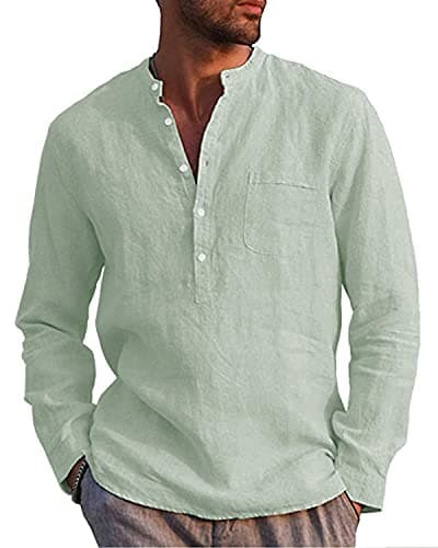 Image of LVCBL Men's Casual Shirt with V-Neck, Normal Cut Stand-Up Collar Shirt Light Green M