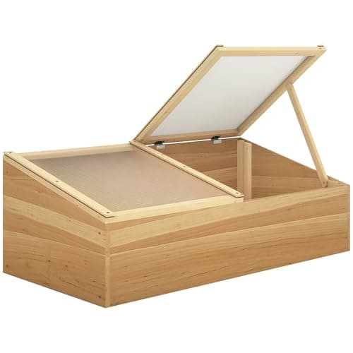 Image of Outsunny Wooden Cold Frame Greenhouse Garden Polycarbonate Grow House with Independent Openable Top Covers for Flowers, Vegetables, Plants, 100 x 50 x 36 cm, Natural