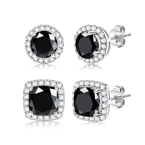 Image of Dochais 2 Pairs Cubic Zirconia Stud Earrings for Women Men Hypoallergenic 925 Sterling Silver Post Earrings 14K Gold Plated Round & Square Brilliant Simulated Diamond Earring Studs Silver B