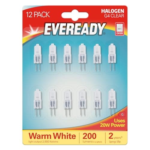 Image of Eveready G4 Halogen Light Bulbs, 20W, 12V, 2-Pin Base, Clear Capsule, Warm White, Dimmable, 12-Pack