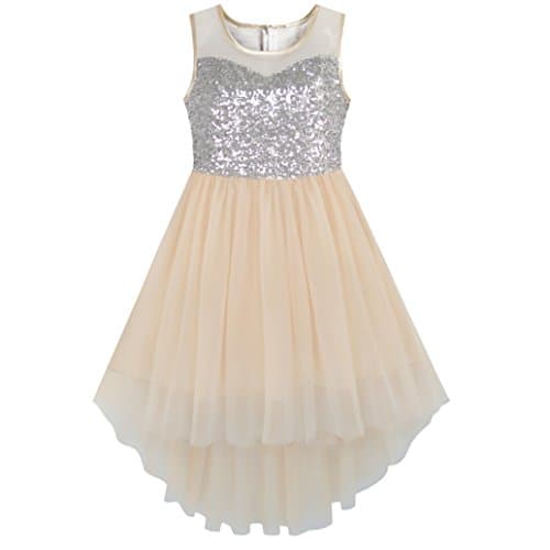 Image of Sunny Fashion Girls Dress Beige Sequined Tulle Hi-lo Wedding Party Dress Age 10 Years