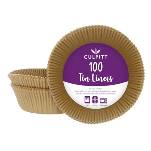 Image of Culpitt 8" Cake Tin Liners, 100 Pack, Non-Stick Siliconised Greaseproof Paper for Baking Cakes, Pies, Tarts, Round Air Fryer Liner, Made in The UK