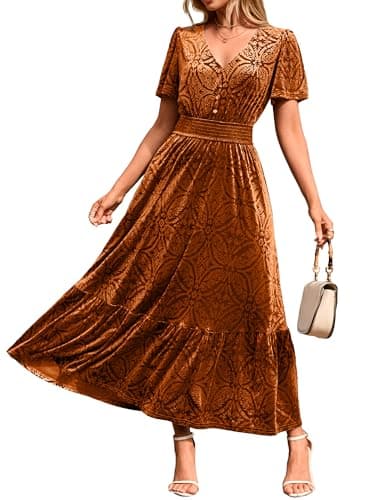 Image of Simplee Womens Fall Velvet Dress Short Sleeve V Neck Floral Maxi Dress Long Formal Winter Wedding Guest Dresses, A-Burnt Orange, L