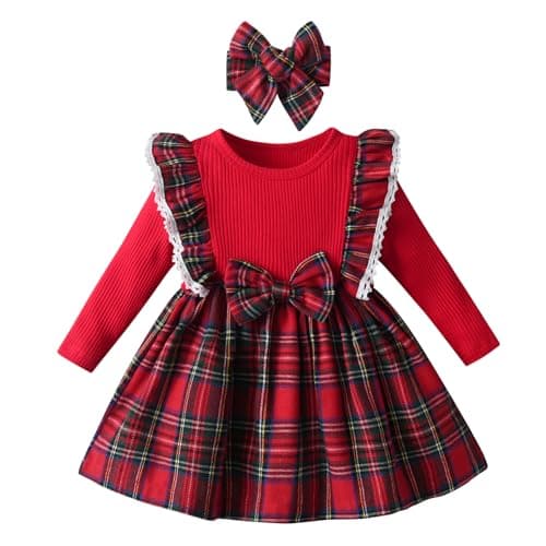 Image of Joureker Infant Baby Girls Dresses Long Sleeve Tutu Dresses Rib Knit Patchwork Plaid Bow Princess Dress for Little Girls Dress, Red, 3-6 Months