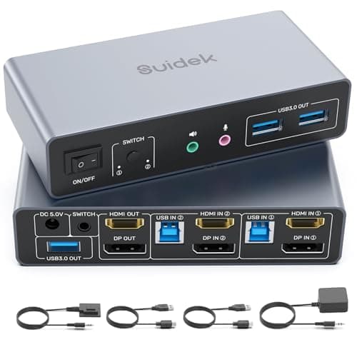 Image of SUIDEK HDMI+Displayport KVM Switch, KVM Switch 2 Computers 2 Monitors 4K@60Hz Dual Monitor for 2 PC, 3 USB 3.0 Ports Support Extended/Mirror Mode with Desktop Controller&2-USB Cables&Power Adapter