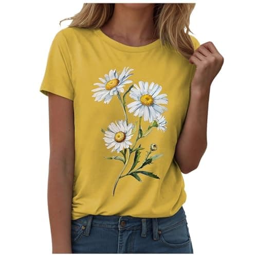 Image of Women's t-Shirts Sunflower Shirts Vintage Flower Graphic Tees Shirts Inspirational Tees Casual Shirt Tops Womans Tops (Yellow, XL)