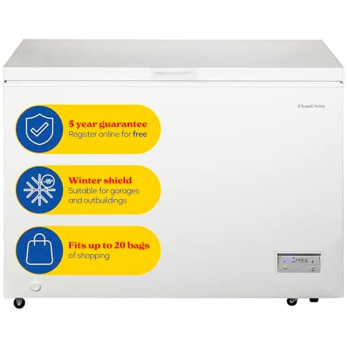 Image of Russell Hobbs Free Standing Chest Freezer, 300 Litres, Low Noise, Garage Safe, Counterbalance Lid, Front Drain Hole, 1.8m Cord, Castor Wheels, 5 Year Registered Guarantee White, RH300CF201W
