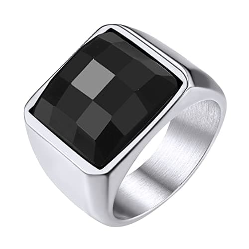 Image of GoldChic Size P½ Black Onyx Signet Rings For Men, Stainless Steel Black Gemstone Ring For Father Husband