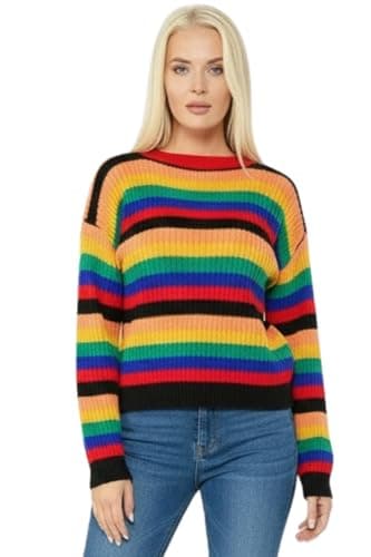 Image of STAR FASHION Women’s Ribbed Rainbow Stripe Jumper Ladies Long Sleeve Knitted Crew Neck Pullover Chunky Knit Multicolour Winter Sweater SM