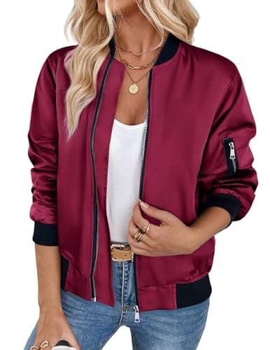 Image of Zeagoo Bomber Jacket for Women Elegant Zip Transition Jackets Short Lightweight Flight Jackets Autumn Long Sleeve Jacket with Pockets Wine Red XL