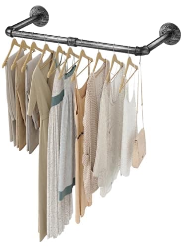 Image of eSynic 60cm Wall Mounted Clothes Rail Popular Industrial Black Clothes Rails Durable Industrial Pipe Clothes Clothing Rack Wall Mounted Hanging Rails for Clothes in Bedroom Laundry Room Closet