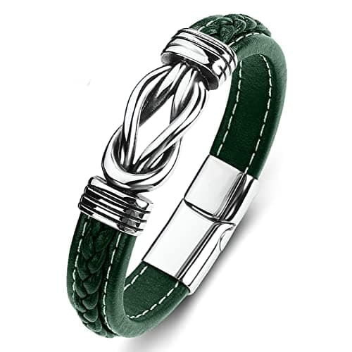 Image of Dsnyu Mens Bracelet Leather, Silver Green Vintage Charm Bracelet with Magnetic Clasp, Overlapping Punk Jewelry Bracelet for Father's Day