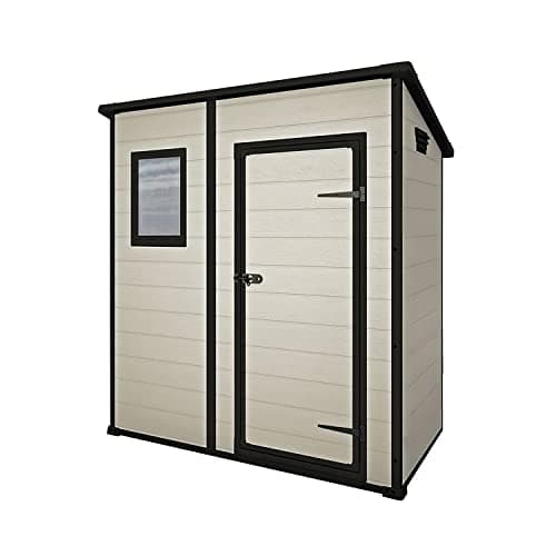 Image of Keter Manor Outdoor Pent Single Door Garden Storage Shed 6 x 4ft Beige Brown Wood Effect Fade Free All Weather Resistant Safe And Secure Zero Maintenance 15 year Warranty