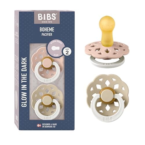 Image of BIBS Boheme Glow in The Dark Soother 2-Pack. BPA Free. Round Nipple Latex, Size 2 (6-18 Months), Blush Glow/Vanilla Glow