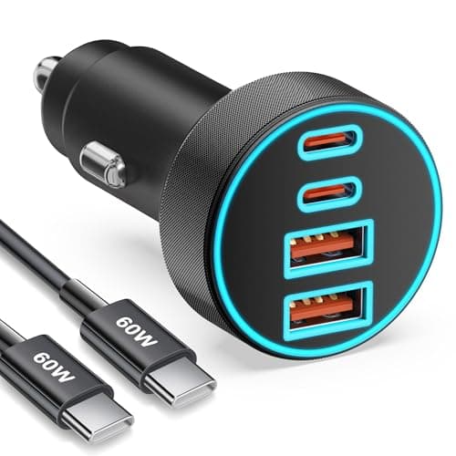 Image of 90W 4-Port USB C Car Charger + Type-C Cable for iPhone 17e/17/Air/16/16e/15 Pro Max, Samsung Galaxy S26/S25, iPad, Android Phone, Dual 45W Super Fast Car Cigarette Lighter USB Adapter 12V Socket