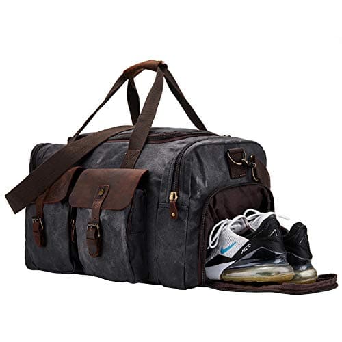 Image of BRASS TACKS Leathercraft Waxed Canvas Duffel Bag Vintage Waterproof Overnight Duffel Weekend Travel Bag for Men Women with Shoes Compartment(Grey)