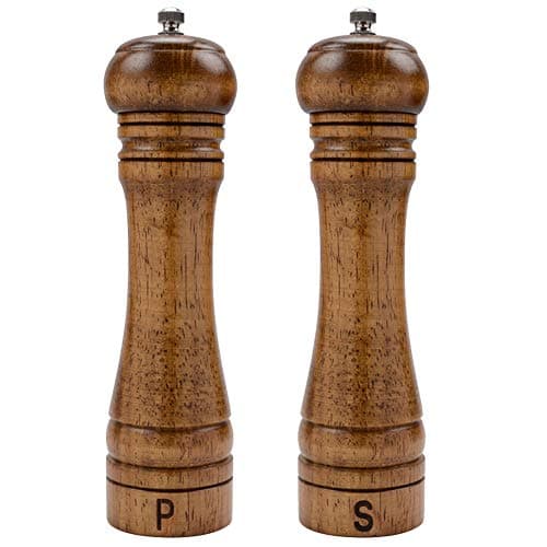 Image of Haomacro Salt and Pepper Mill Set, Wooden Salt and Pepper Grinders, Shakers with Ceramic Core- 8 Inches -Pack of 2