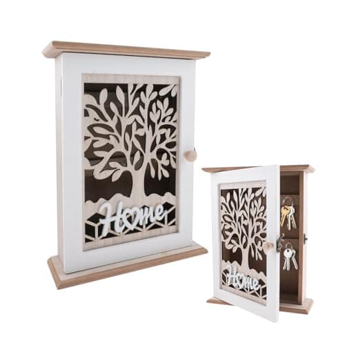 Image of wocpvm Wooden Key Holder Vintage Key Boxes wall Mounted Indoor 6 Key Hooks Key Box Key Cabinet with Lock Buckle for Entrance, Hallway, Office Key Holder, White (Tree of Life Pattern)