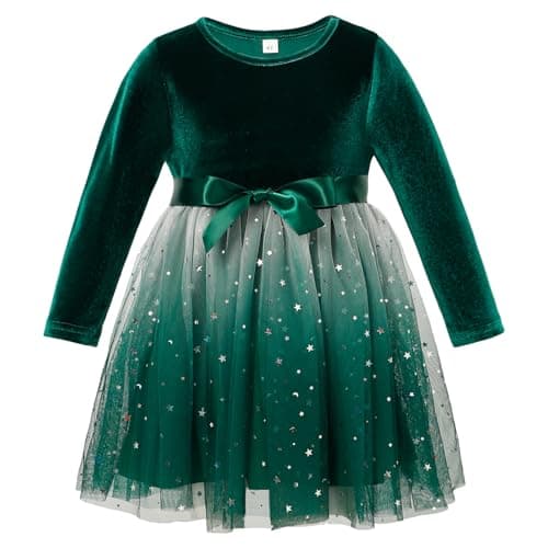 Image of MK MATT KEELY Girls Christmas Dress 3-7 Years Kids Sparkly Princess Dress Toddlers Warm Velvet Outfit with Bow,Green,5 Years
