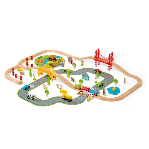 Image of Bigjigs Rail 80 Piece Rural Road and Rail Wooden Train Set - Kids Train Set with 80 Bigjigs Train Accessories incl. Bridges & a Level Crossing for Pretend Play