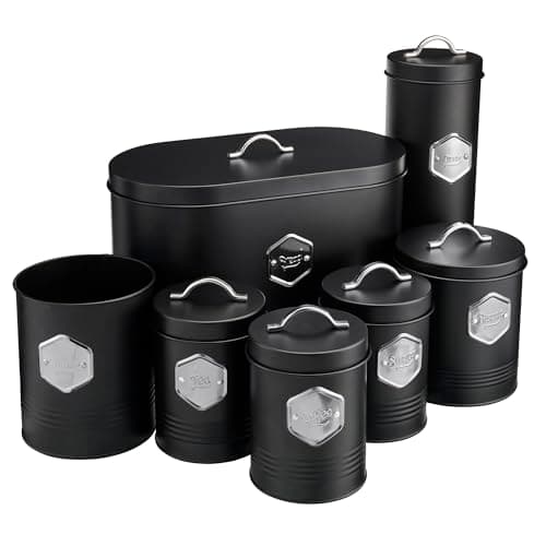 Image of Cooks Professional 7 Piece Tea Coffee Sugar Bread Biscuit Pasta & Utensil Cannister Set | Labelled Storage Containers Tins with Airtight Lids for Kitchen Accessories & Essentials | Black & Silver