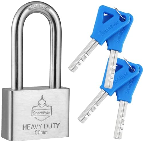 Image of Sharkbyte [Never Rust] Heavy Duty Stainless Steel Long Shackle Padlock [50mm] Outdoor Waterproof Lock with 4 Keys, Hardened Steel Body & Mechanism, Anti-Corrosion Security for Gates, Containers, Sheds